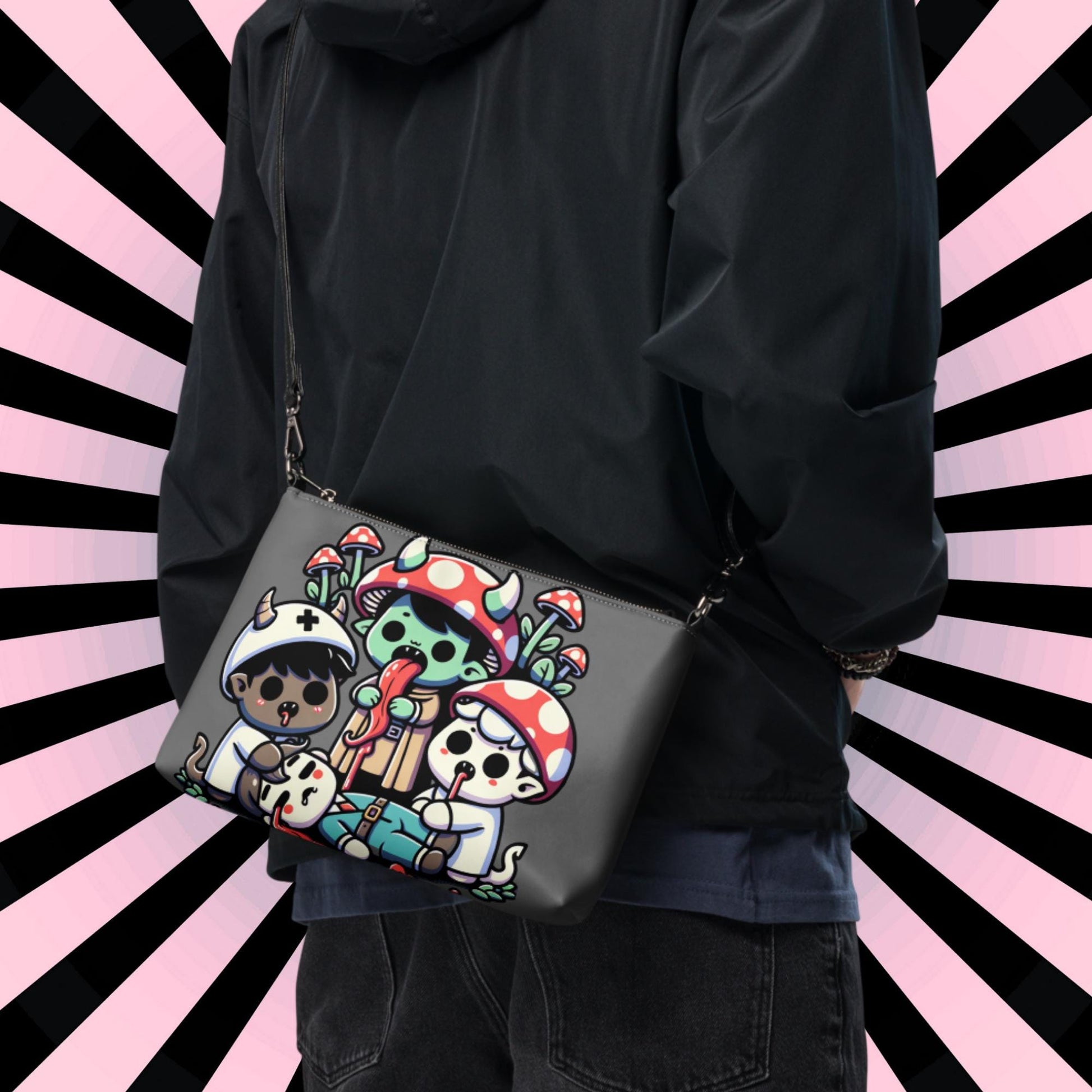 Grey Weirdcore Pastel Goth Scene Zombie Mushroom Kids Kidcore Clutch Bag Gothic Grunge Purse Crossbody Bag