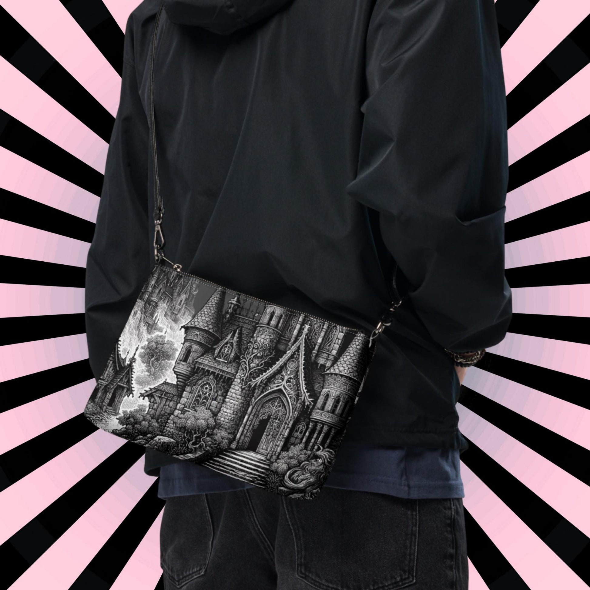 Black and White Gothic Cathedral Pastel Goth Scene Clutch Bag Gothic Grunge Purse Crossbody Bag