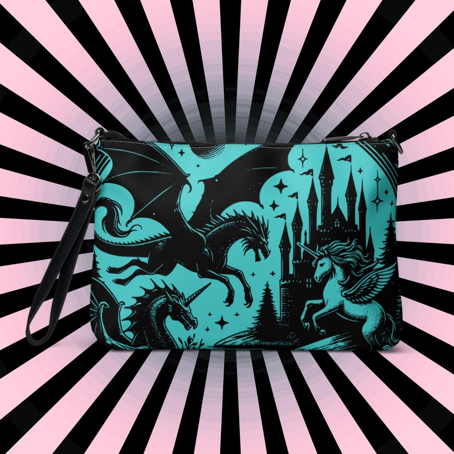 Teal Pastel Goth Scene Dragon Unicorn Clutch Bag Gothic Grunge Purse Crossbody Bag
