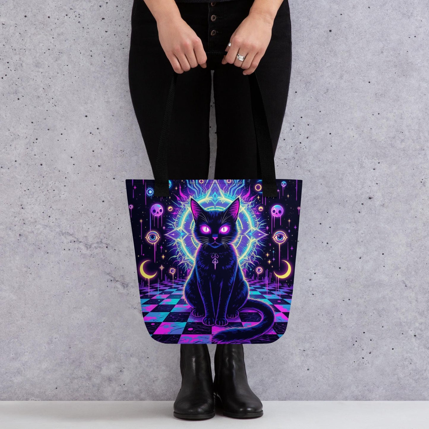 Arcane Tote Bag Gothic Grunge Neon Goth Darkcore Weirdcore Cat Dark Aesthetic Halloween Purse Tote