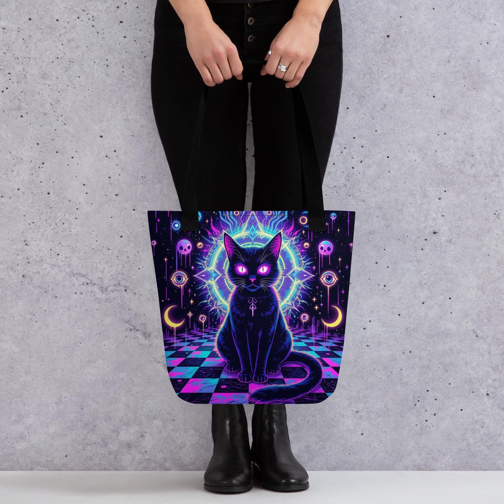 Arcane Tote Bag Gothic Grunge Neon Goth Darkcore Weirdcore Cat Dark Aesthetic Halloween Purse Tote