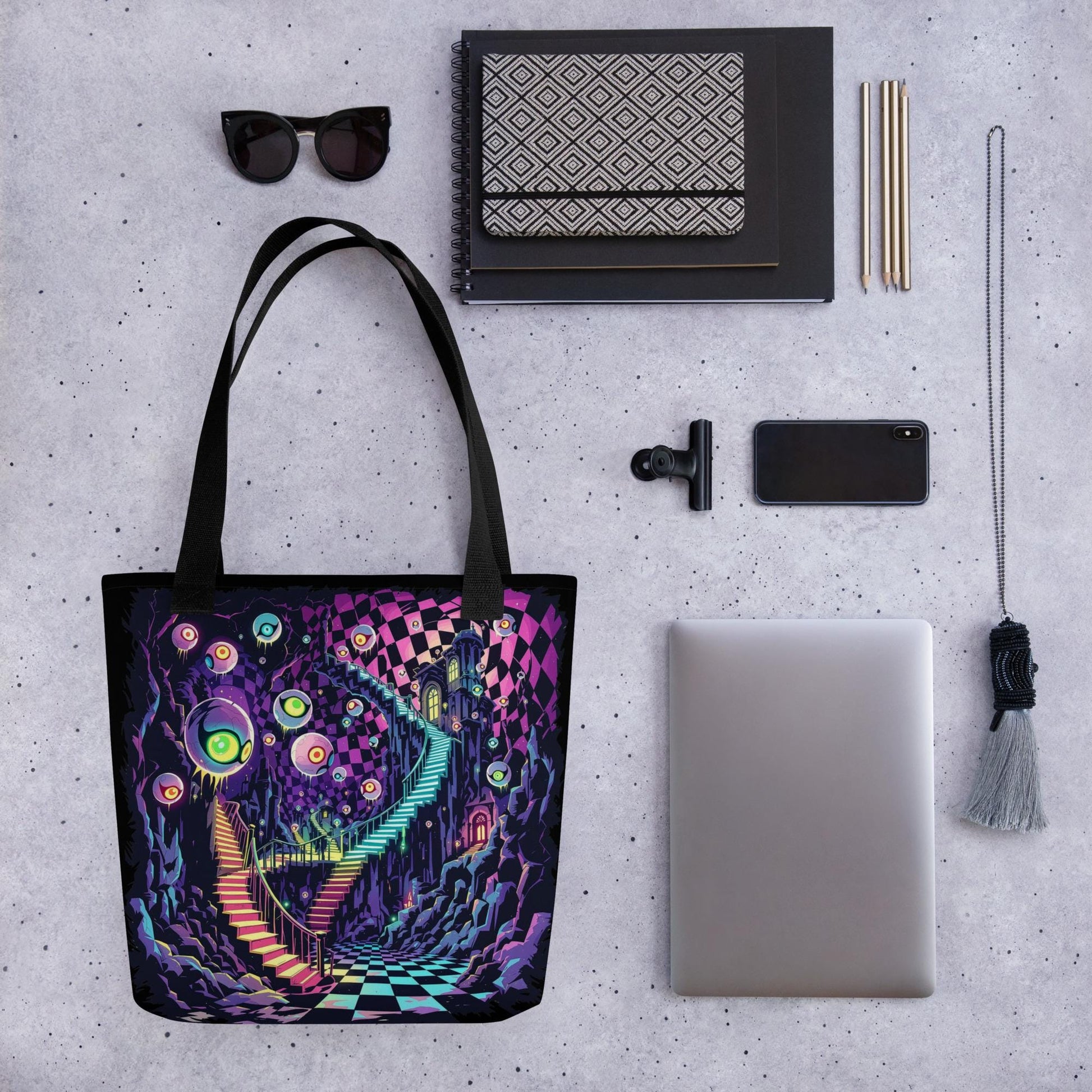 Fractured DreamScape Arcane Tote Bag Gothic Grunge Neon Goth Darkcore Weirdcore Dark Aesthetic Halloween Purse Tote