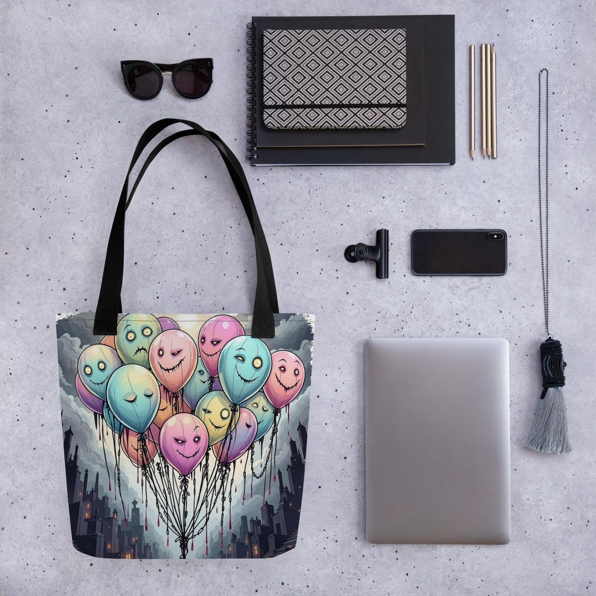 Eerie Balloon Faces Arcane Tote Bag Gothic Grunge Neon Goth Darkcore Weirdcore Dark Aesthetic Halloween Purse Tote