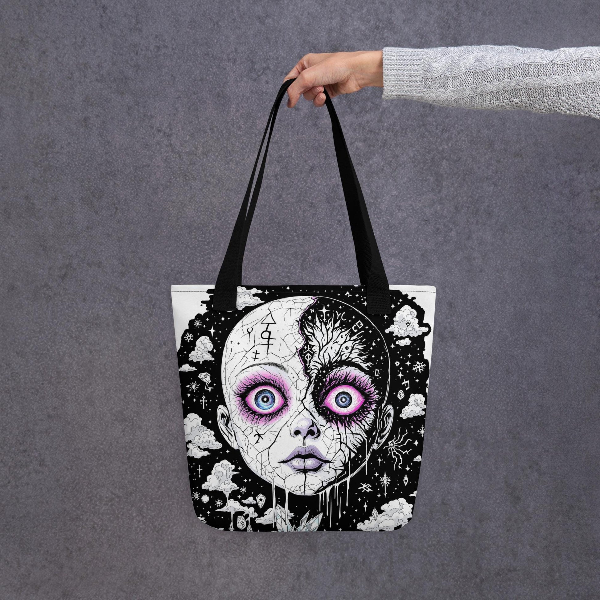 Glitch Cosmic Doll Arcane Tote Bag Gothic Grunge Neon Goth Darkcore Weirdcore Dark Aesthetic Halloween Purse Tote
