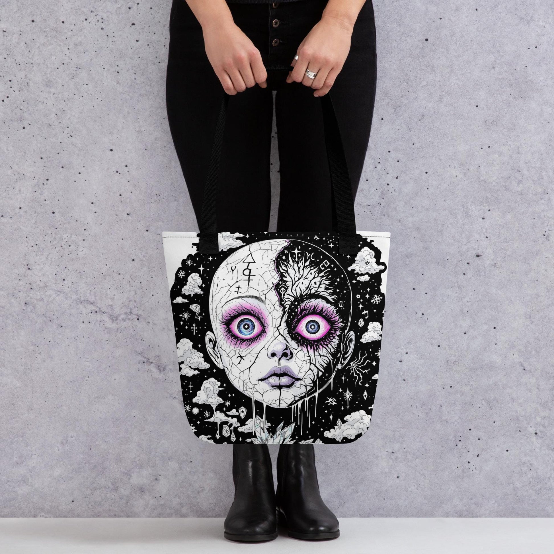 Glitch Cosmic Doll Arcane Tote Bag Gothic Grunge Neon Goth Darkcore Weirdcore Dark Aesthetic Halloween Purse Tote