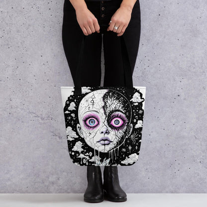 Glitch Cosmic Doll Arcane Tote Bag Gothic Grunge Neon Goth Darkcore Weirdcore Dark Aesthetic Halloween Purse Tote