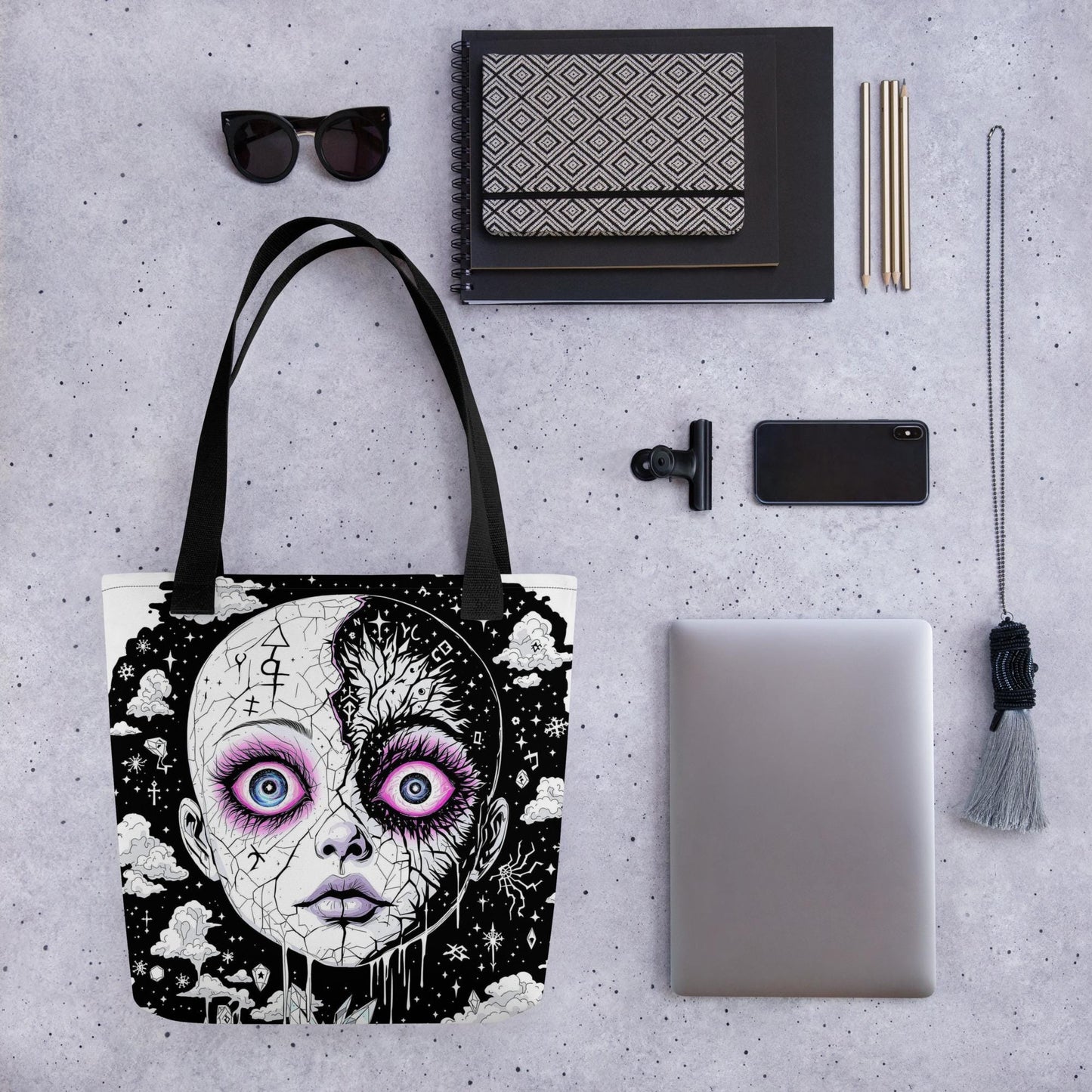 Glitch Cosmic Doll Arcane Tote Bag Gothic Grunge Neon Goth Darkcore Weirdcore Dark Aesthetic Halloween Purse Tote