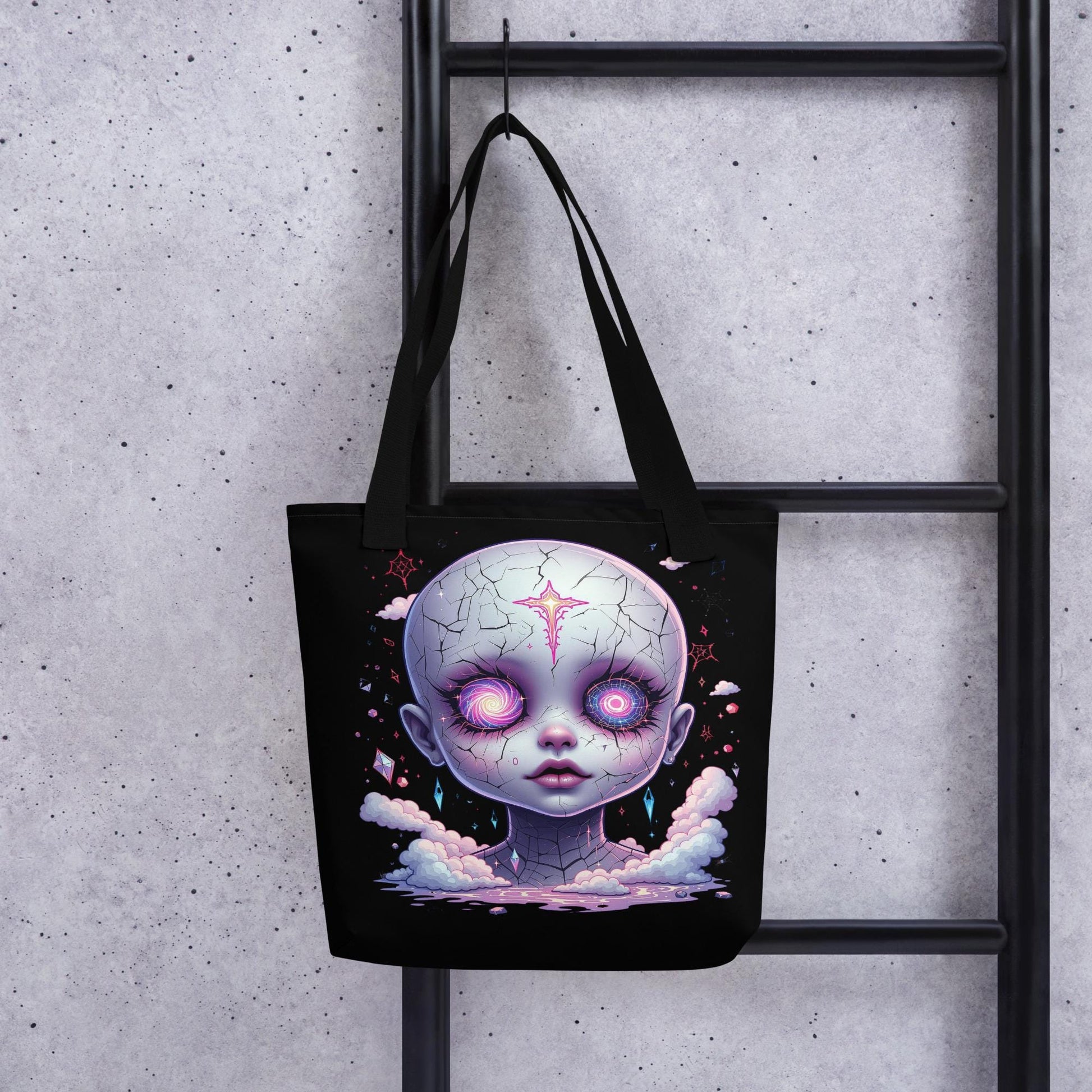 Creepy Glitch Doll Head Arcane Tote Bag Gothic Grunge Neon Goth Darkcore Weirdcore Dark Aesthetic Halloween Purse Tote