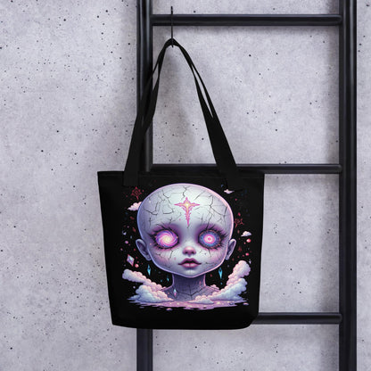 Creepy Glitch Doll Head Arcane Tote Bag Gothic Grunge Neon Goth Darkcore Weirdcore Dark Aesthetic Halloween Purse Tote