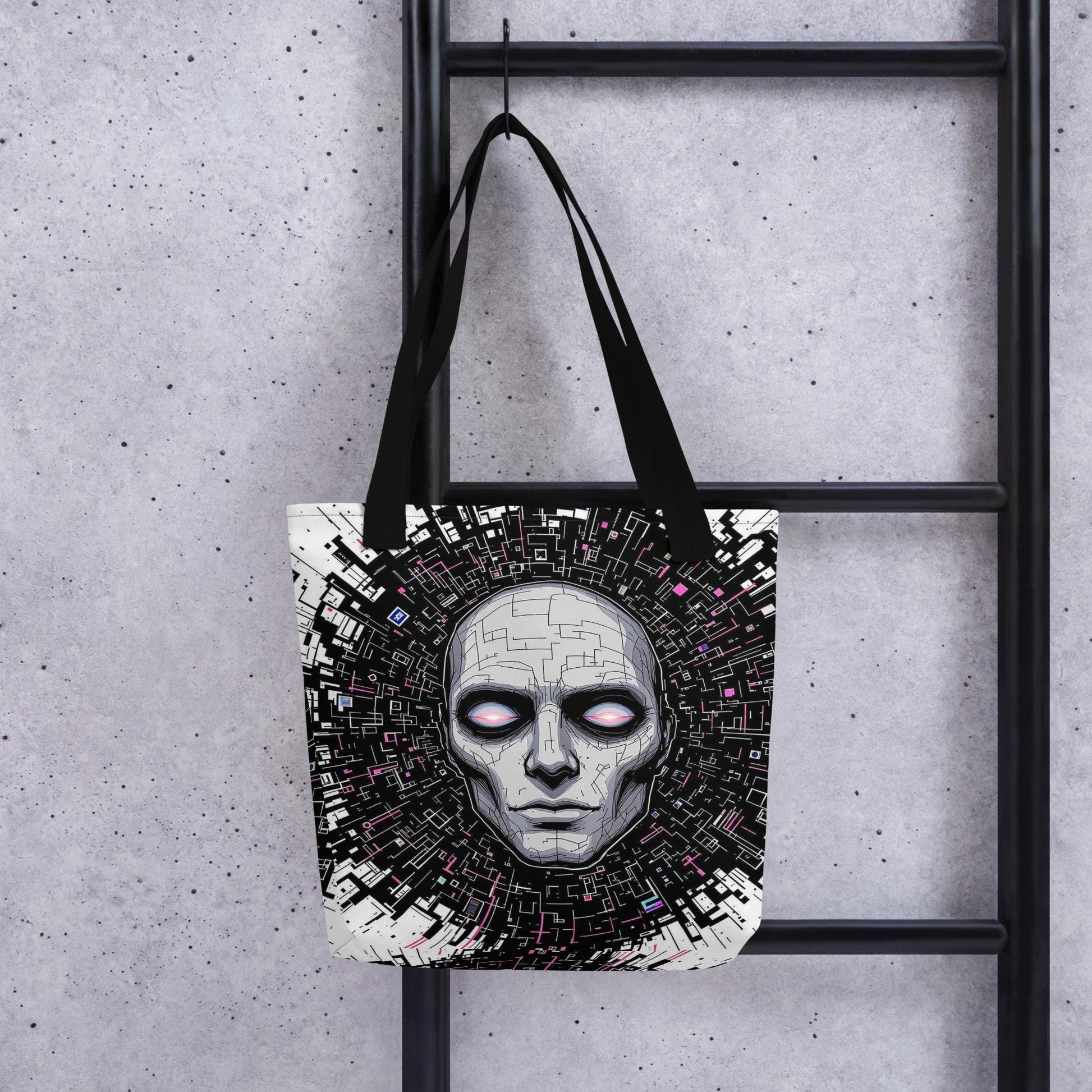 Floating Glitch Head Arcane Tote Bag Gothic Grunge Neon Goth Darkcore Weirdcore Dark Aesthetic Halloween Purse Tote
