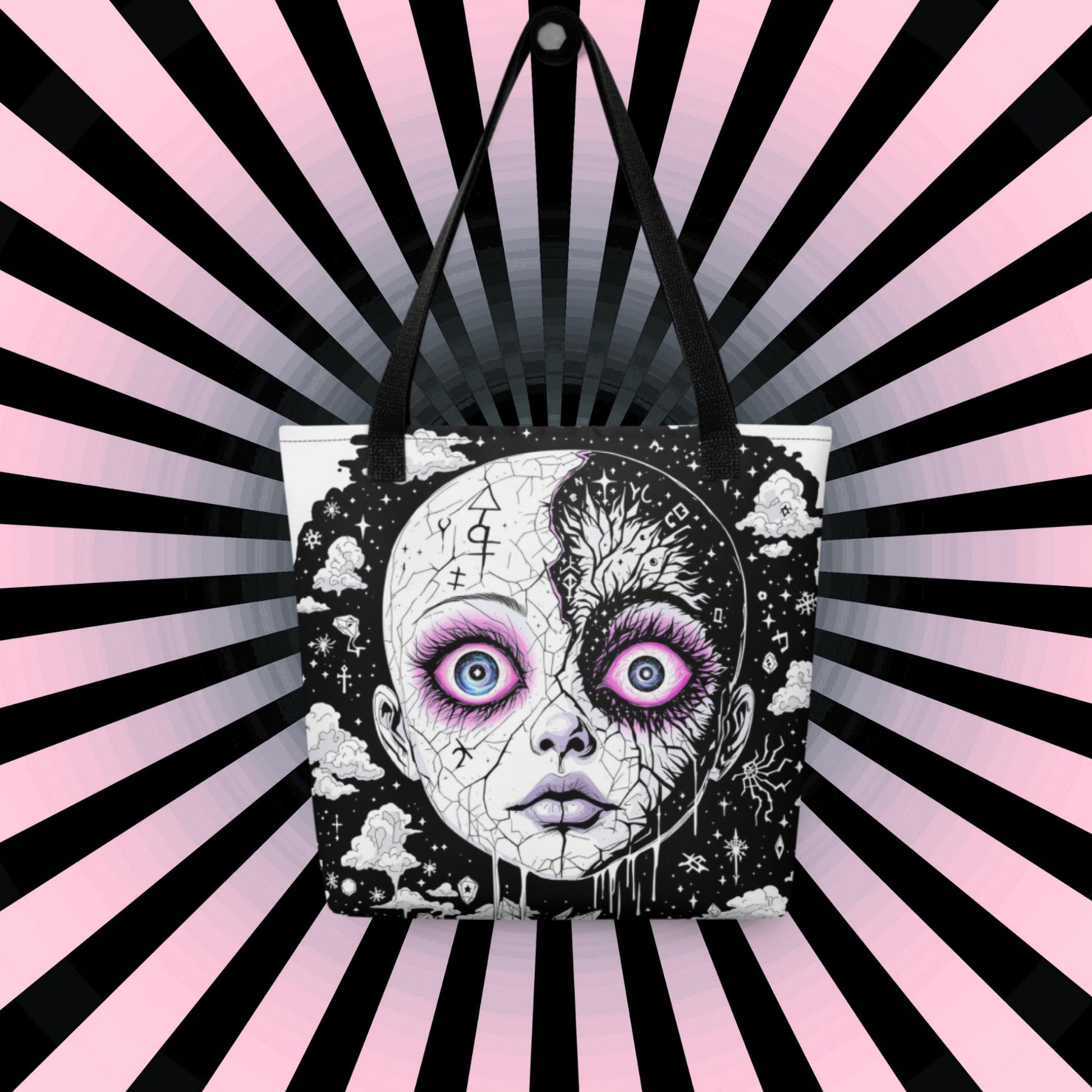 Glitch Cosmic Doll Arcane Tote Bag Gothic Grunge Neon Goth Darkcore Weirdcore Dark Aesthetic Halloween Purse Tote