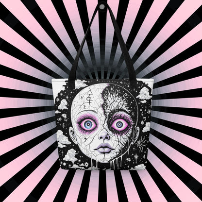 Glitch Cosmic Doll Arcane Tote Bag Gothic Grunge Neon Goth Darkcore Weirdcore Dark Aesthetic Halloween Purse Tote