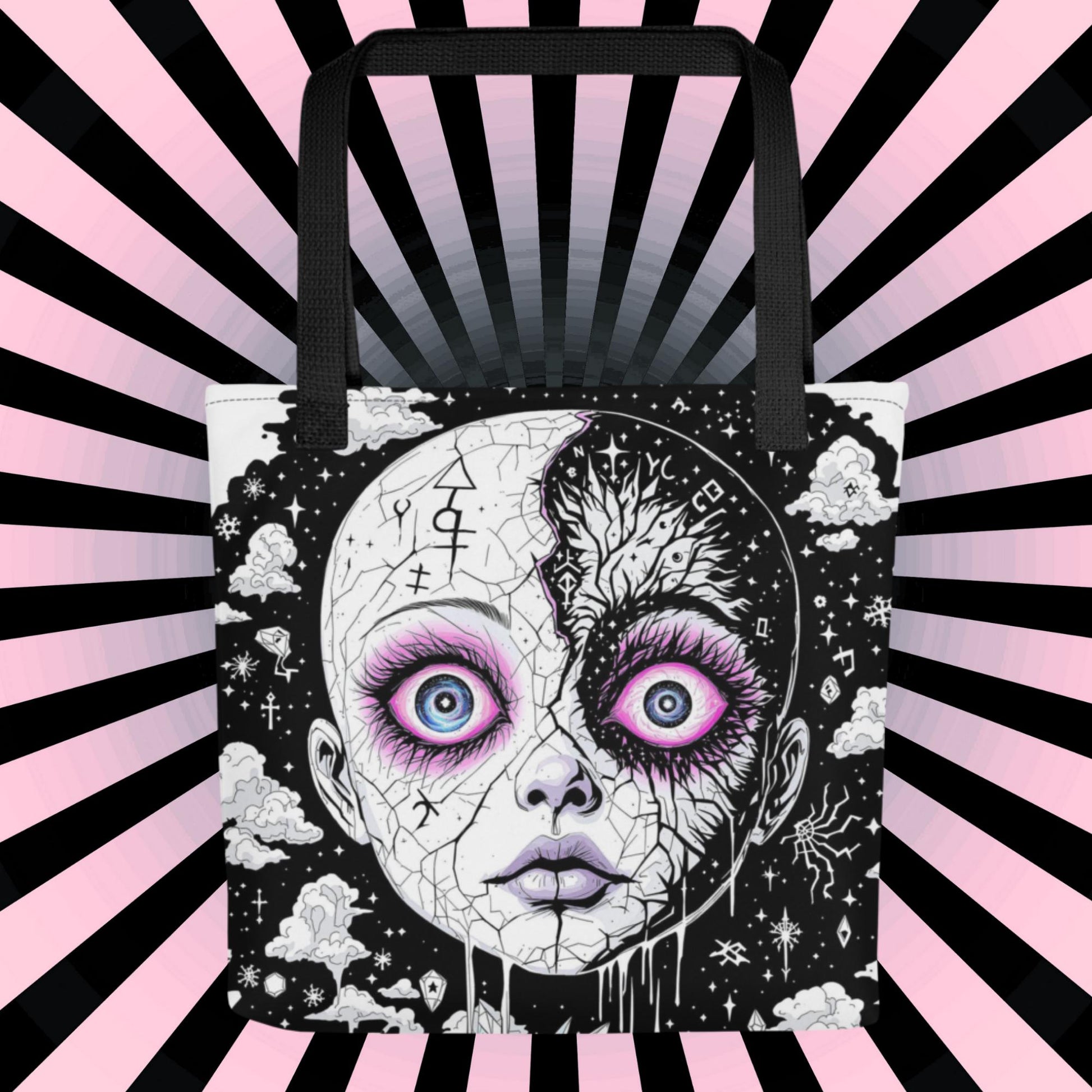Glitch Cosmic Doll Arcane Tote Bag Gothic Grunge Neon Goth Darkcore Weirdcore Dark Aesthetic Halloween Purse Tote