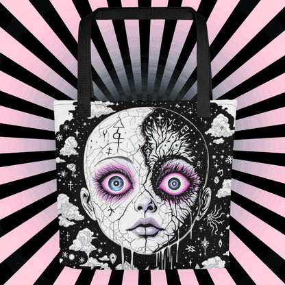Glitch Cosmic Doll Arcane Tote Bag Gothic Grunge Neon Goth Darkcore Weirdcore Dark Aesthetic Halloween Purse Tote