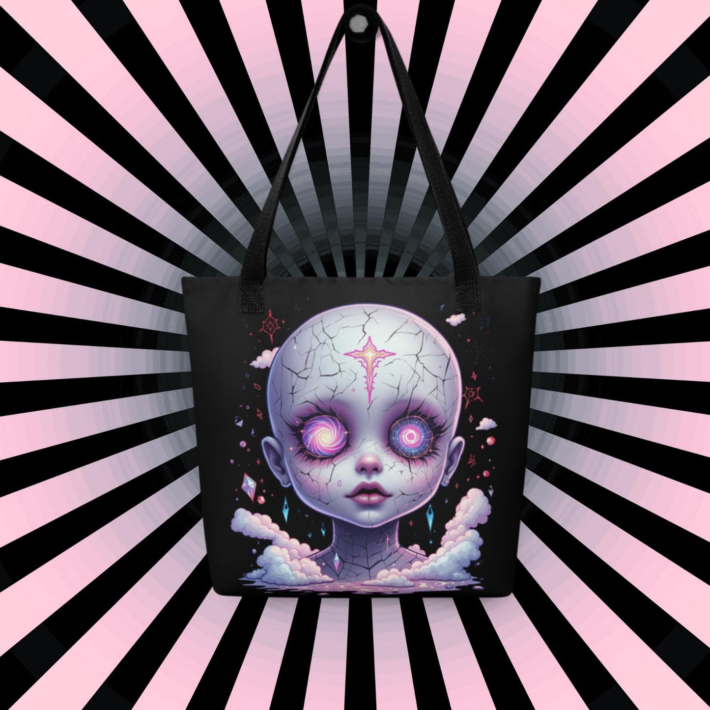 Creepy Glitch Doll Head Arcane Tote Bag Gothic Grunge Neon Goth Darkcore Weirdcore Dark Aesthetic Halloween Purse Tote