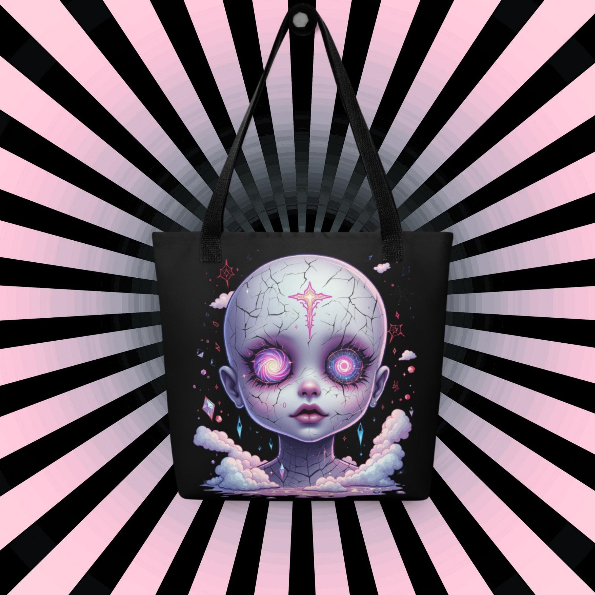 Creepy Glitch Doll Head Arcane Tote Bag Gothic Grunge Neon Goth Darkcore Weirdcore Dark Aesthetic Halloween Purse Tote
