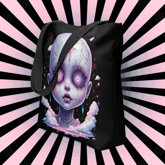 Creepy Glitch Doll Head Arcane Tote Bag Gothic Grunge Neon Goth Darkcore Weirdcore Dark Aesthetic Halloween Purse Tote