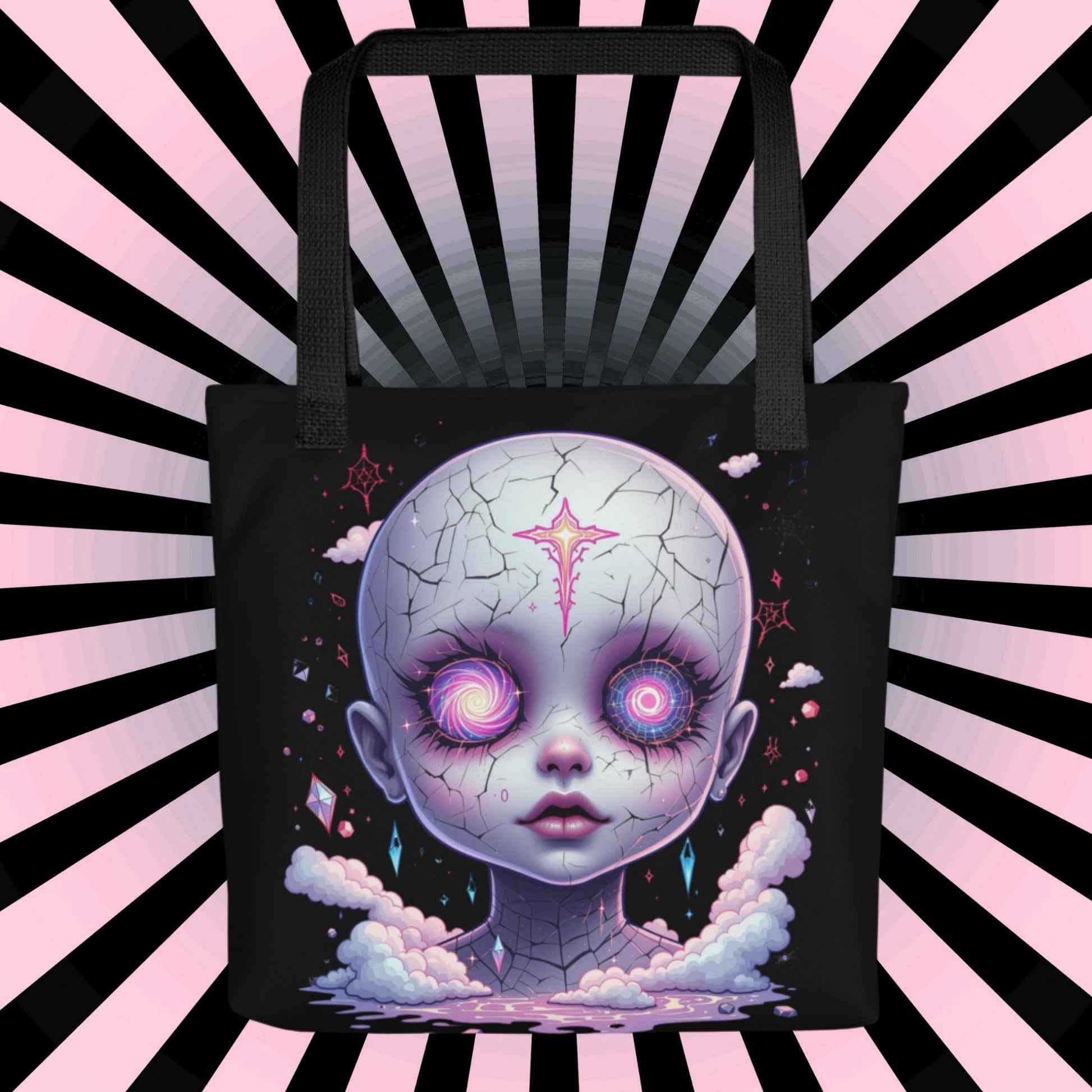 Creepy Glitch Doll Head Arcane Tote Bag Gothic Grunge Neon Goth Darkcore Weirdcore Dark Aesthetic Halloween Purse Tote