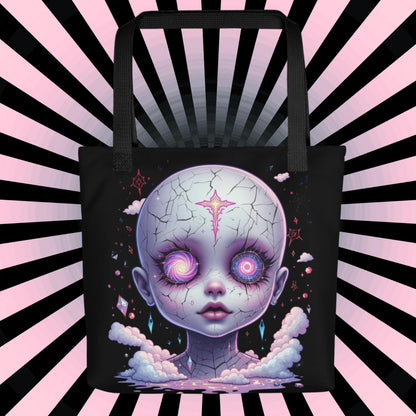 Creepy Glitch Doll Head Arcane Tote Bag Gothic Grunge Neon Goth Darkcore Weirdcore Dark Aesthetic Halloween Purse Tote