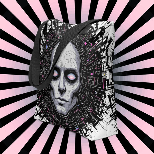 Floating Glitch Head Arcane Tote Bag Gothic Grunge Neon Goth Darkcore Weirdcore Dark Aesthetic Halloween Purse Tote