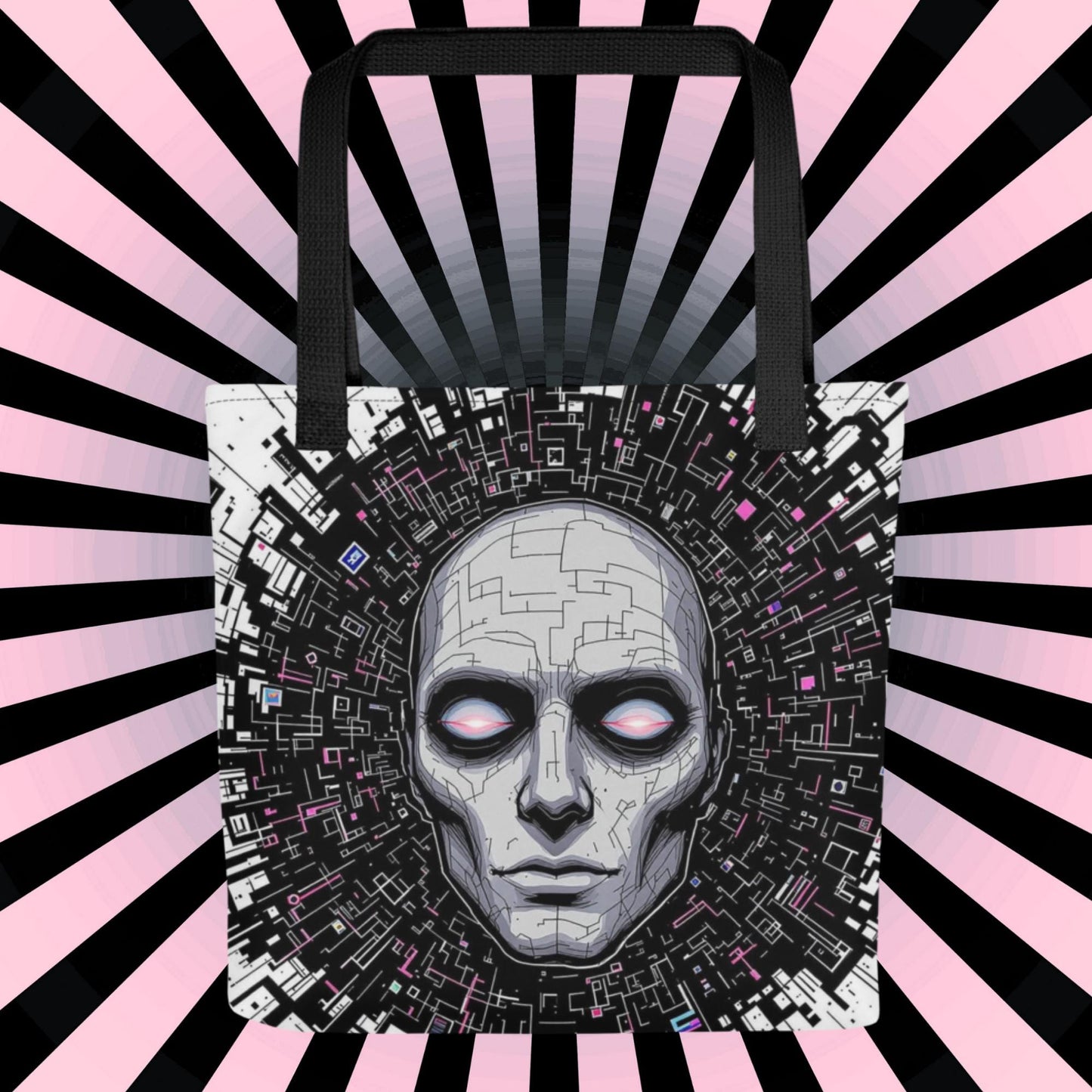 Floating Glitch Head Arcane Tote Bag Gothic Grunge Neon Goth Darkcore Weirdcore Dark Aesthetic Halloween Purse Tote
