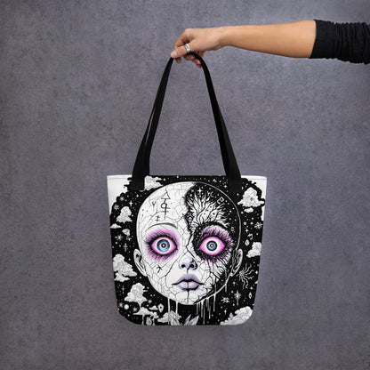 Glitch Cosmic Doll Arcane Tote Bag Gothic Grunge Neon Goth Darkcore Weirdcore Dark Aesthetic Halloween Purse Tote
