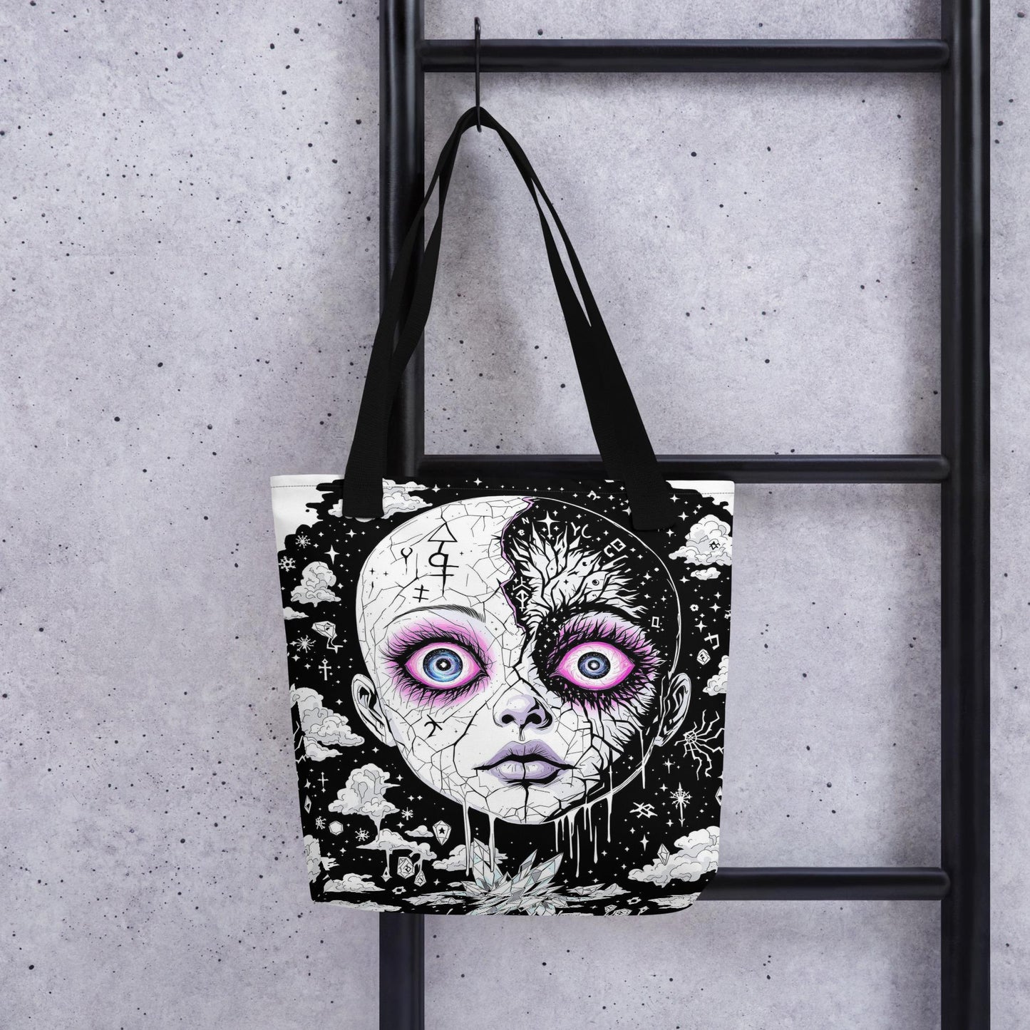 Glitch Cosmic Doll Arcane Tote Bag Gothic Grunge Neon Goth Darkcore Weirdcore Dark Aesthetic Halloween Purse Tote