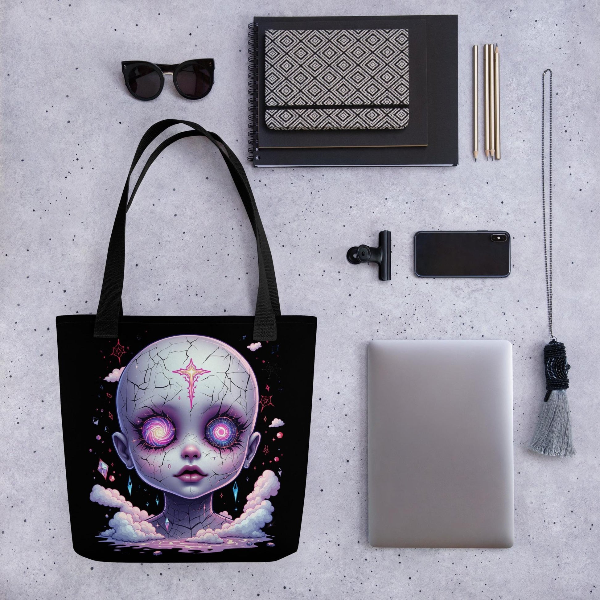 Creepy Glitch Doll Head Arcane Tote Bag Gothic Grunge Neon Goth Darkcore Weirdcore Dark Aesthetic Halloween Purse Tote