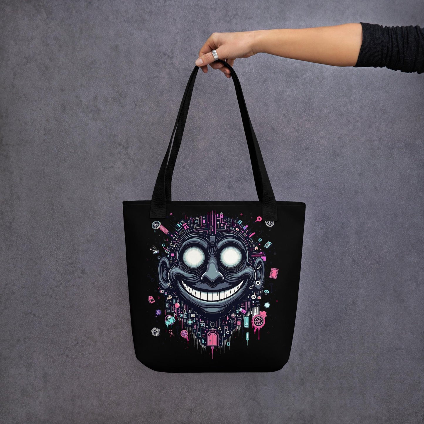 Glitch Smile Arcane Tote Bag Gothic Grunge Neon Goth Darkcore Weirdcore Dark Aesthetic Halloween Purse Tote
