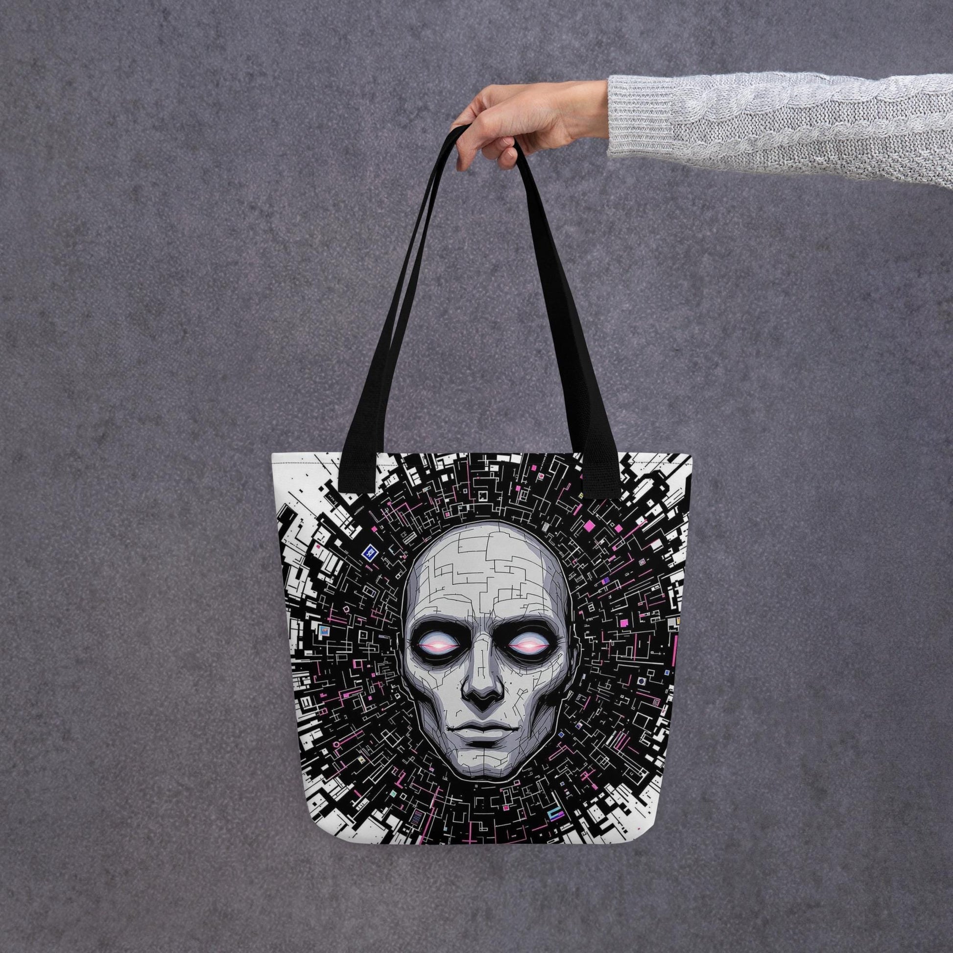 Floating Glitch Head Arcane Tote Bag Gothic Grunge Neon Goth Darkcore Weirdcore Dark Aesthetic Halloween Purse Tote