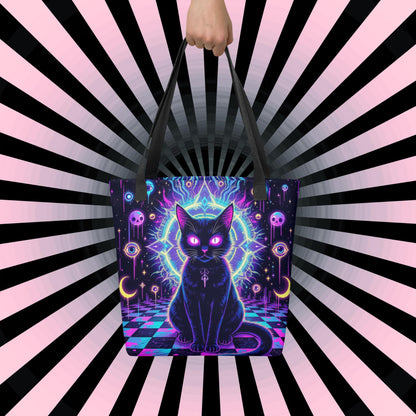 Arcane Tote Bag Gothic Grunge Neon Goth Darkcore Weirdcore Cat Dark Aesthetic Halloween Purse Tote