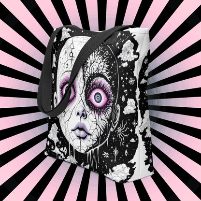 Glitch Cosmic Doll Arcane Tote Bag Gothic Grunge Neon Goth Darkcore Weirdcore Dark Aesthetic Halloween Purse Tote
