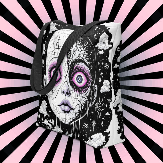 Glitch Cosmic Doll Arcane Tote Bag Gothic Grunge Neon Goth Darkcore Weirdcore Dark Aesthetic Halloween Purse Tote
