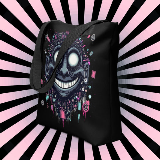 Glitch Smile Arcane Tote Bag Gothic Grunge Neon Goth Darkcore Weirdcore Dark Aesthetic Halloween Purse Tote