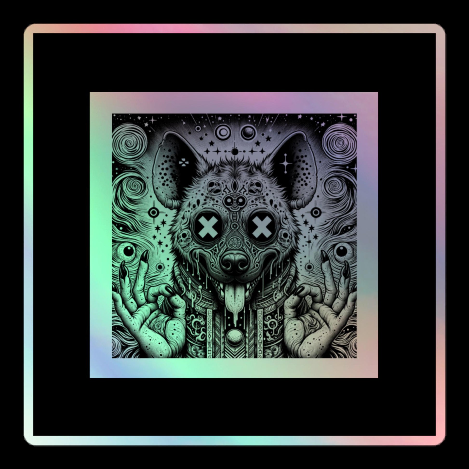 Black Border - Cut Out Size - Trippy Weirdcore Oddcore Hyena Hologram Sticker Weird Horror World Holographic sticker