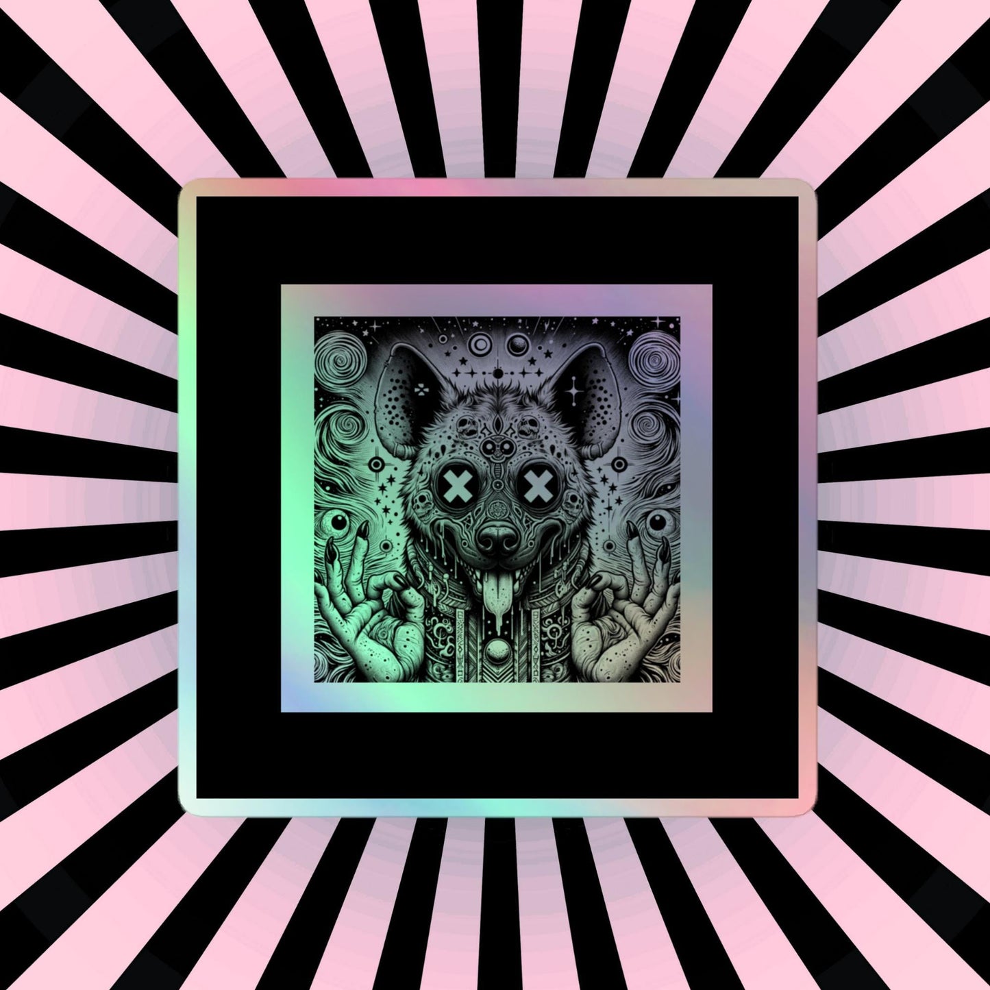 Black Border - Cut Out Size - Trippy Weirdcore Oddcore Hyena Hologram Sticker Weird Horror World Holographic sticker