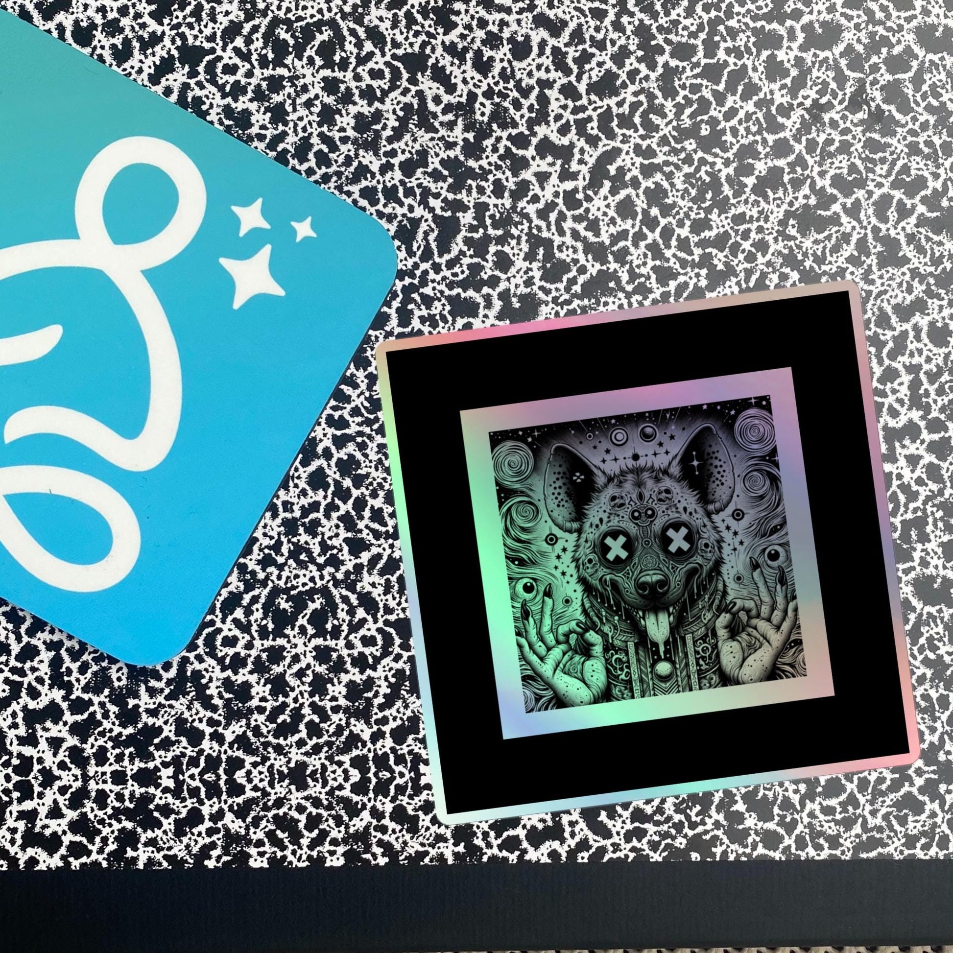 Black Border - Cut Out Size - Trippy Weirdcore Oddcore Hyena Hologram Sticker Weird Horror World Holographic sticker