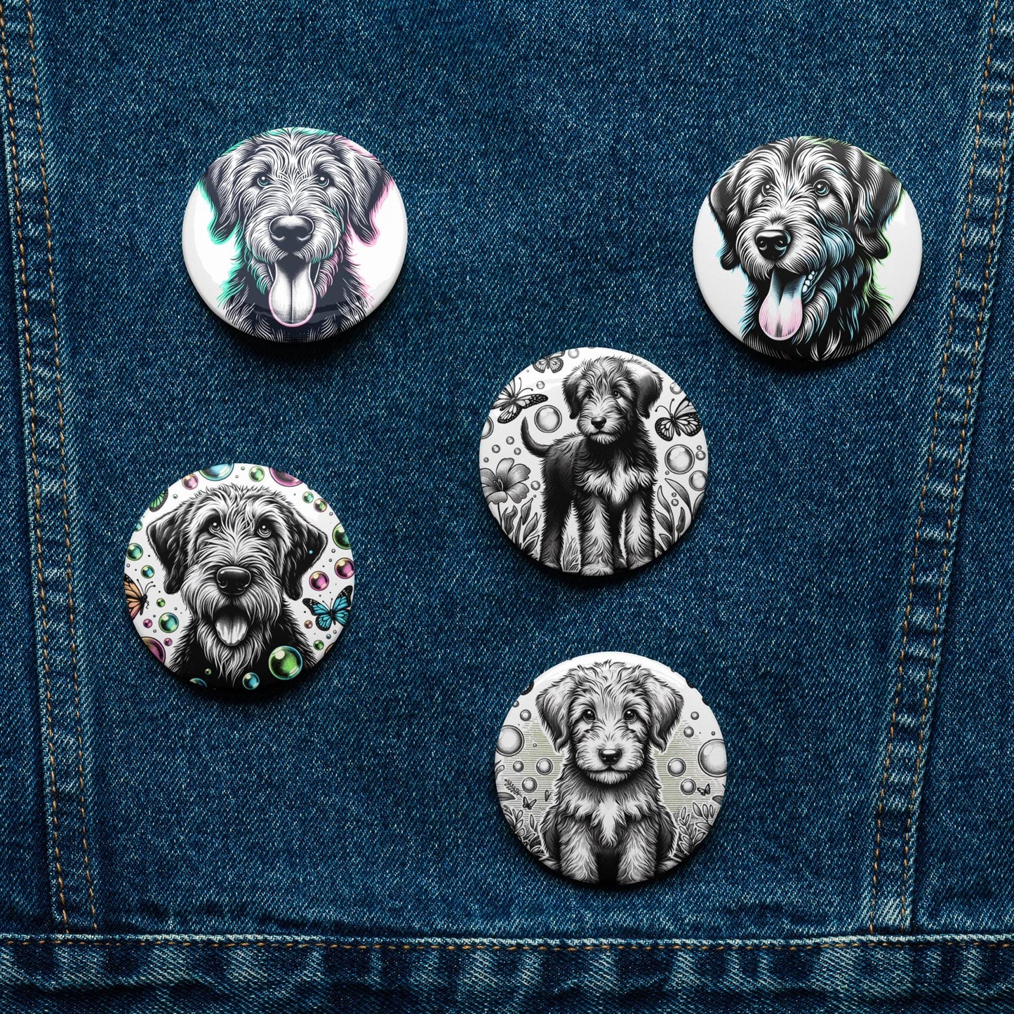 Set of Pin Buttons Irish Wolfhound Dog Custom Grunge Jacket and Backpack Buttons